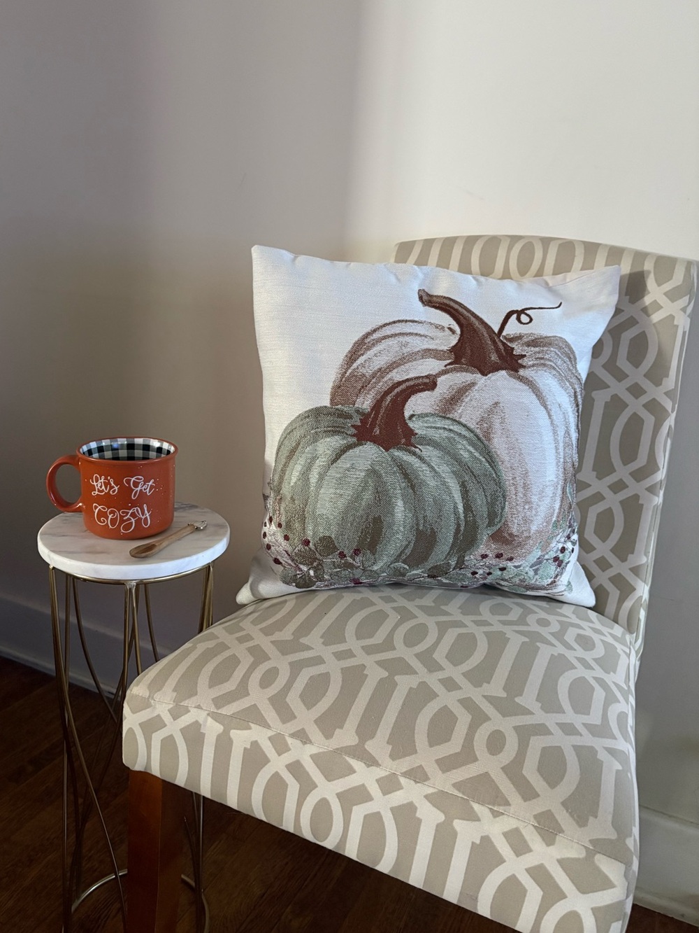 Fall Pumpkin Pillow & Coffee Cup with Wood Spoon Stir